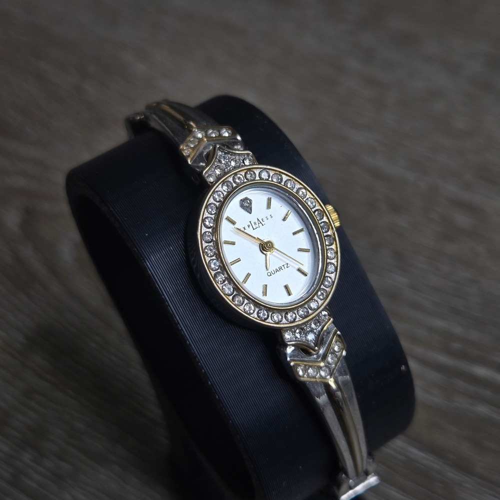 LA Express Quartz 90's Woman's Watch Two Tone Silver Gold Rhinestone Accent Ovel